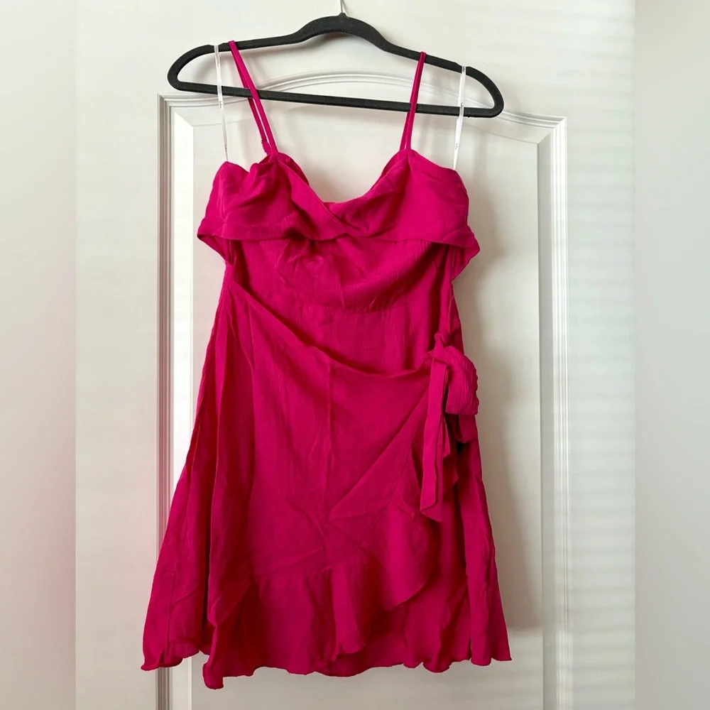 Lulus Gorgeous Vision Magenta Ruffled Faux-wrap Mini Dress Pink - Size S - Picture 2 of 4